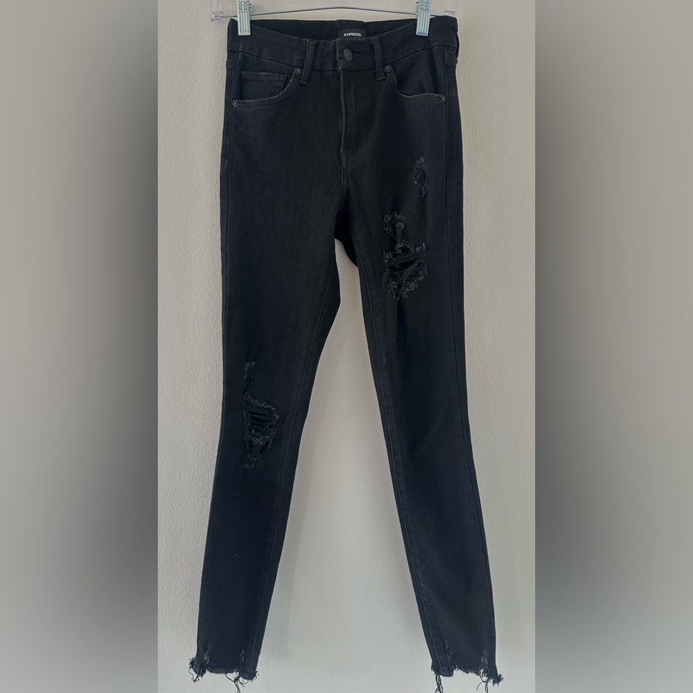EXPRESS Black Ripped Mid Rise Skinny Jeans Size: 4 Long